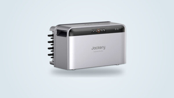 Jackery SolarVault 3 Pro Max balcony solar storage battery in three-quarter view, light grey casing with a black top band, control screen and MC4 connectors on the side