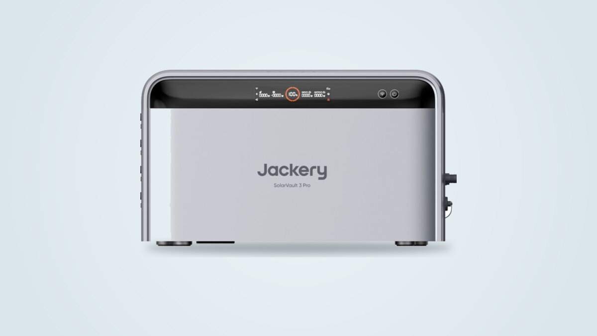 Batterie de stockage solaire de balcon Jackery SolarVault 3 Pro, boîtier gris clair avec écran de contrôle et logo Jackery