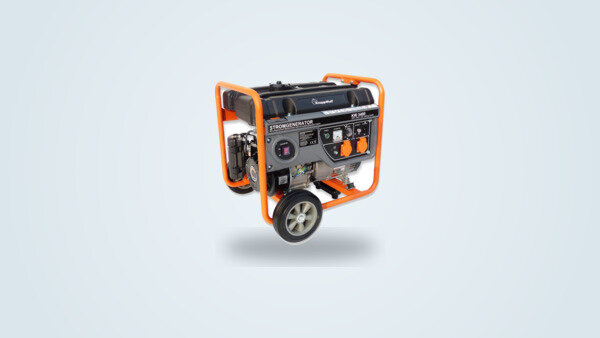 KnappWulf KW3400 gas generator in orange and black on a tubular wheeled frame, seen from three-quarters
