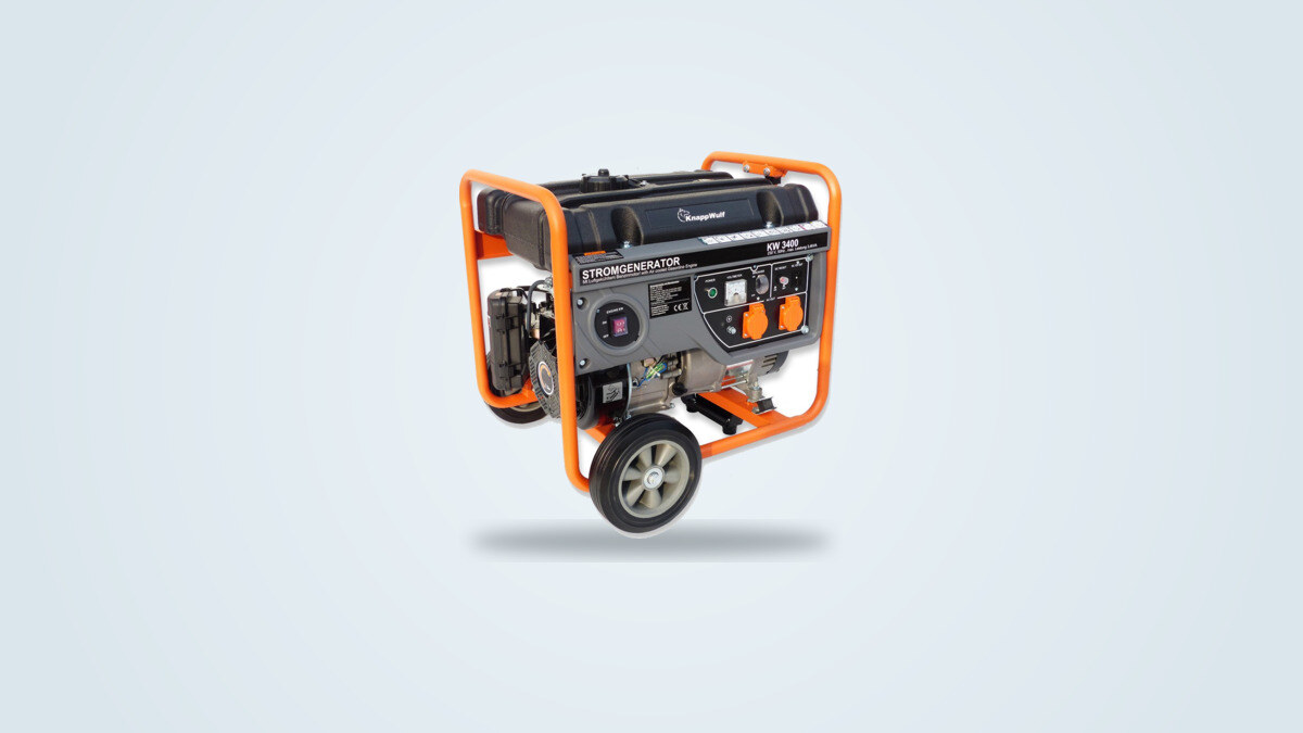 KnappWulf KW3400 gas generator in orange and black on a tubular wheeled frame, seen from three-quarters