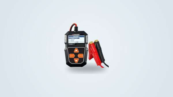 Konnwei KW208 battery tester from the front, colour screen showing a menu and a voltage reading, red and black crocodile clamps linked by a coiled cable