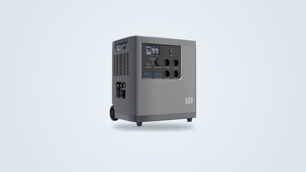 Mango Power E power station at a three quarter angle, rolling furniture unit with its color touchscreen lit up on the front