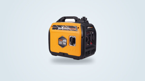 Orange and black maXpeedingrods MXR3800 inverter generator seen from three-quarter angle, top handle and 230 V outlet panel visible