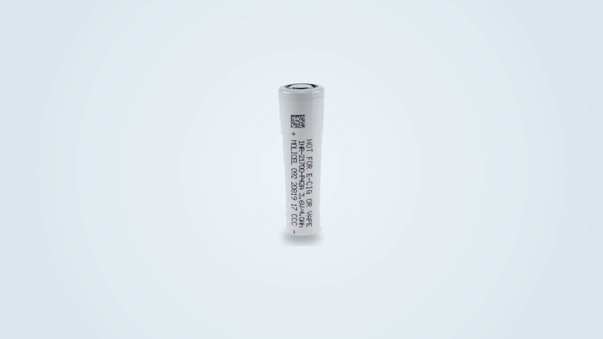 Molicel P42A lithium-ion cell in the 21700 format, flat positive terminal (Flat Top), standing upright on a plain background
