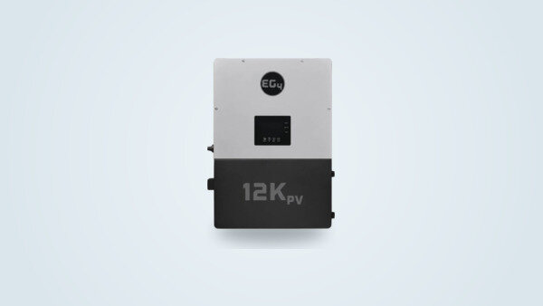EG4 12kPV hybrid inverter mounted on a wall, grey NEMA 4X enclosure with display and connectors visible