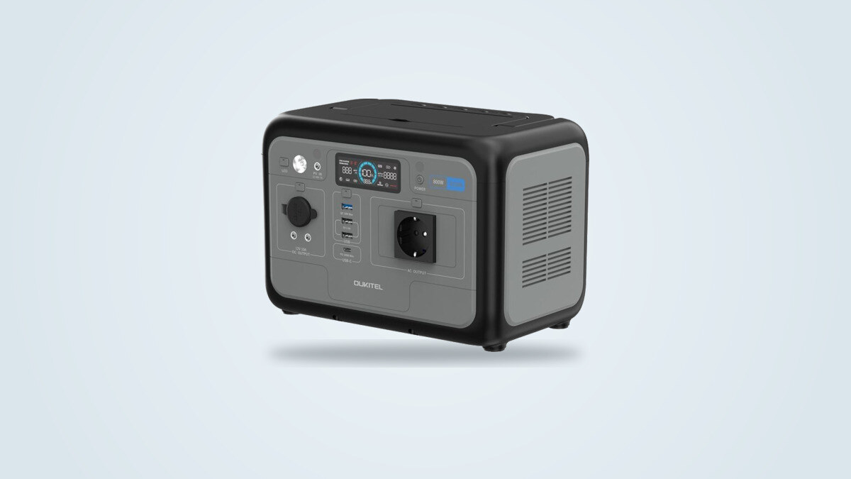 Oukitel P800 portable power station at a three-quarter angle, screen lit and outlet visible