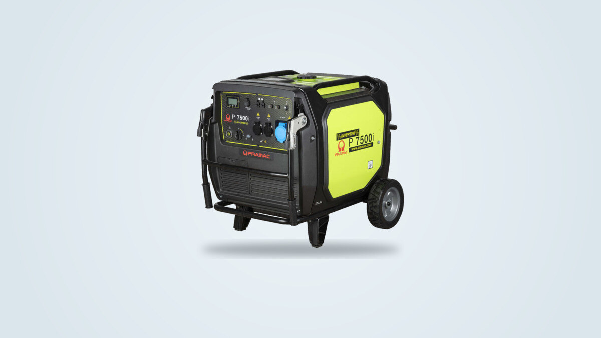 Pramac P7500i inverter generator on a wheeled trolley, three-quarter view, telescopic handle and 230V sockets visible