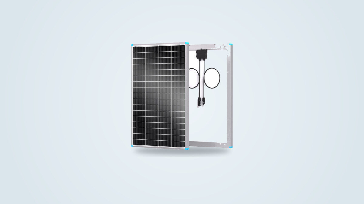 Panneau solaire rigide Renogy 16BB 175W vu de trois quarts, cellules type N à l'avant et boîtier de jonction avec connecteurs MC4 à l'arrière