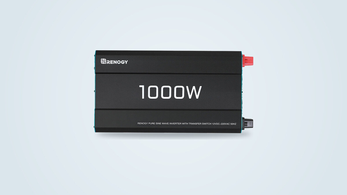 Renogy 1000W/2000W inverter in black and turquoise seen from the front, with the Renogy logo and 1000W rating printed on the casing