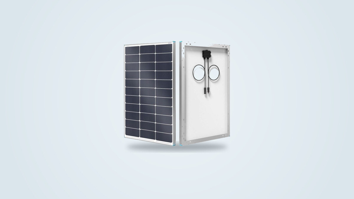 Starres Solarmodul Renogy 100W von vorne und hinten, monokristalline Zellen vom Typ N auf der Vorderseite und Anschlussdose mit MC4-Steckverbindern auf der Rückseite