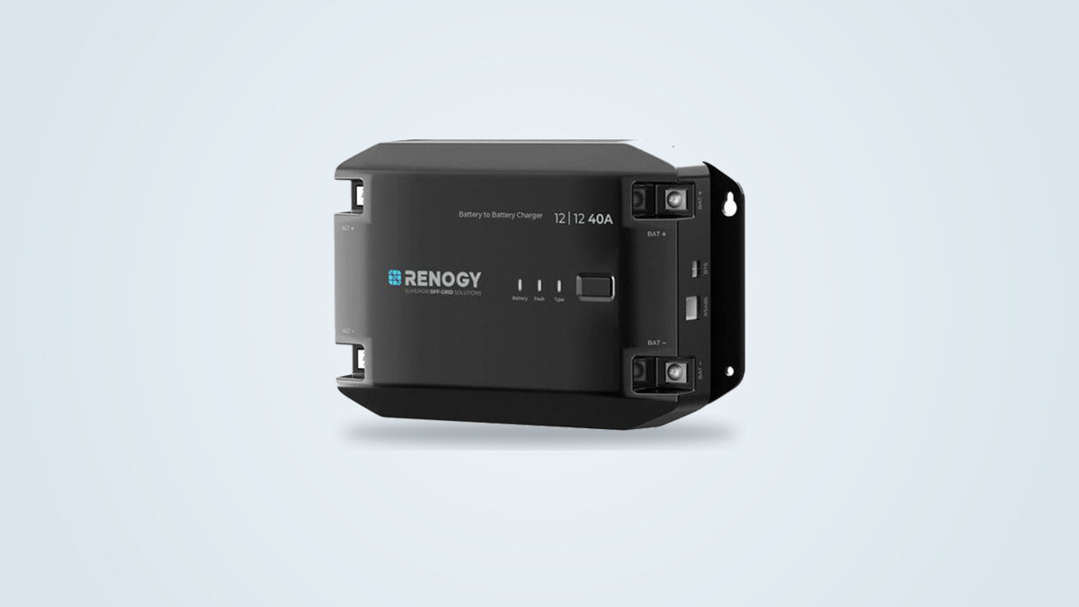 Renogy RBC40D1U-BT2 DC-DC charger seen from a three-quarter angle, with its ALT and BAT terminals and Battery, Fault and Type indicators visible