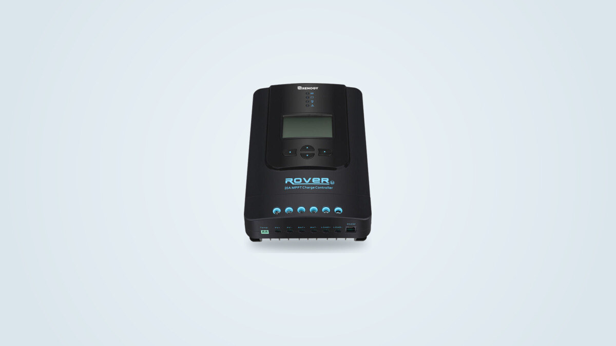 Renogy Rover 20A MPPT solar charge controller with LCD screen on a plain background