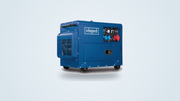 Blue Scheppach SG5200D diesel generator on a wheeled frame, seen from a three-quarter angle, 230V and 400V outlet panel visible