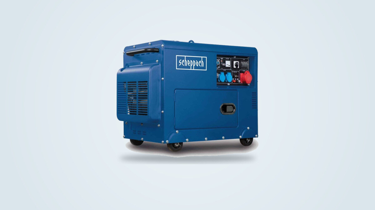 Blue Scheppach SG5200D diesel generator on a wheeled frame, seen from a three-quarter angle, 230V and 400V outlet panel visible