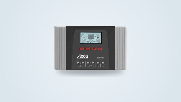 Steca Tarom 4545 solar charge controller with graphic LCD screen and control buttons visible