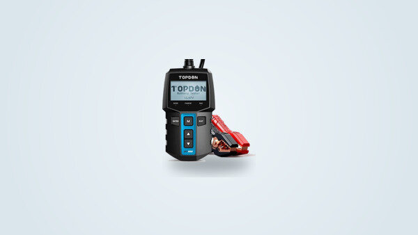 Topdon BT100 battery tester seen from the front, LCD screen showing a voltage reading and integrated red and black clamps