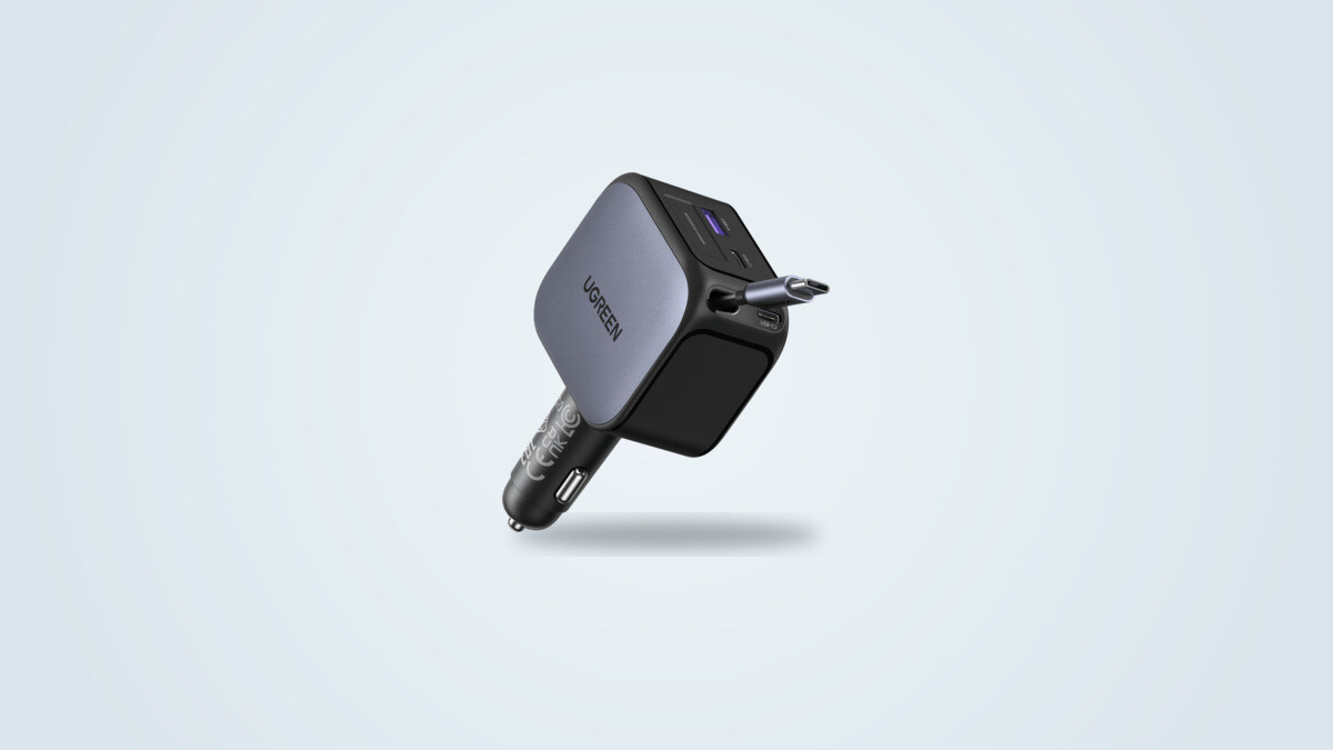 Ugreen 145W Nexode car charger with retractable USB-C cable and its ports visible