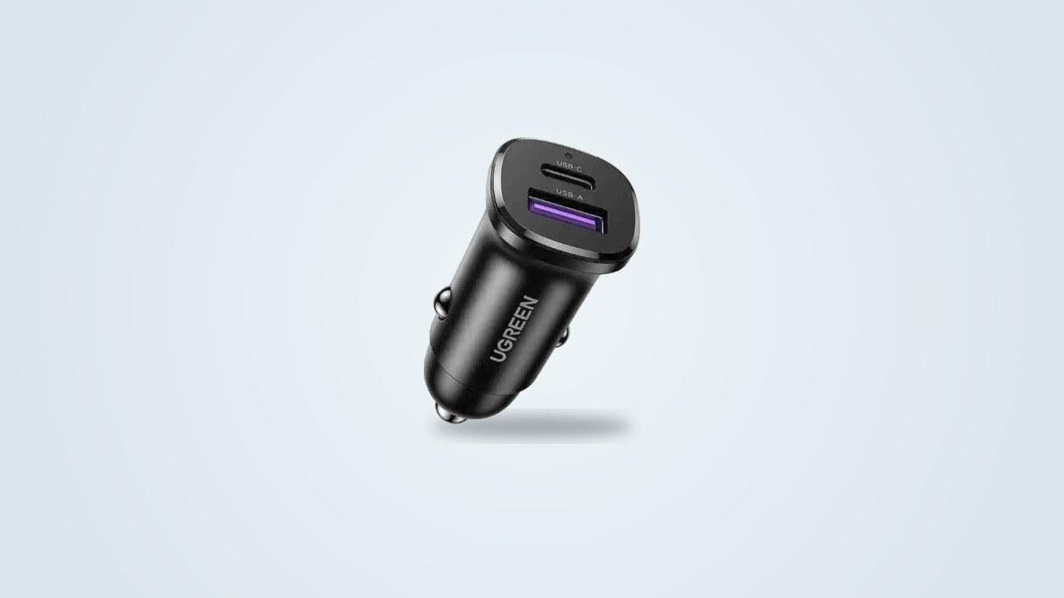 Ugreen 52.5W car charger showing its USB-C port and its USB-A port from the front