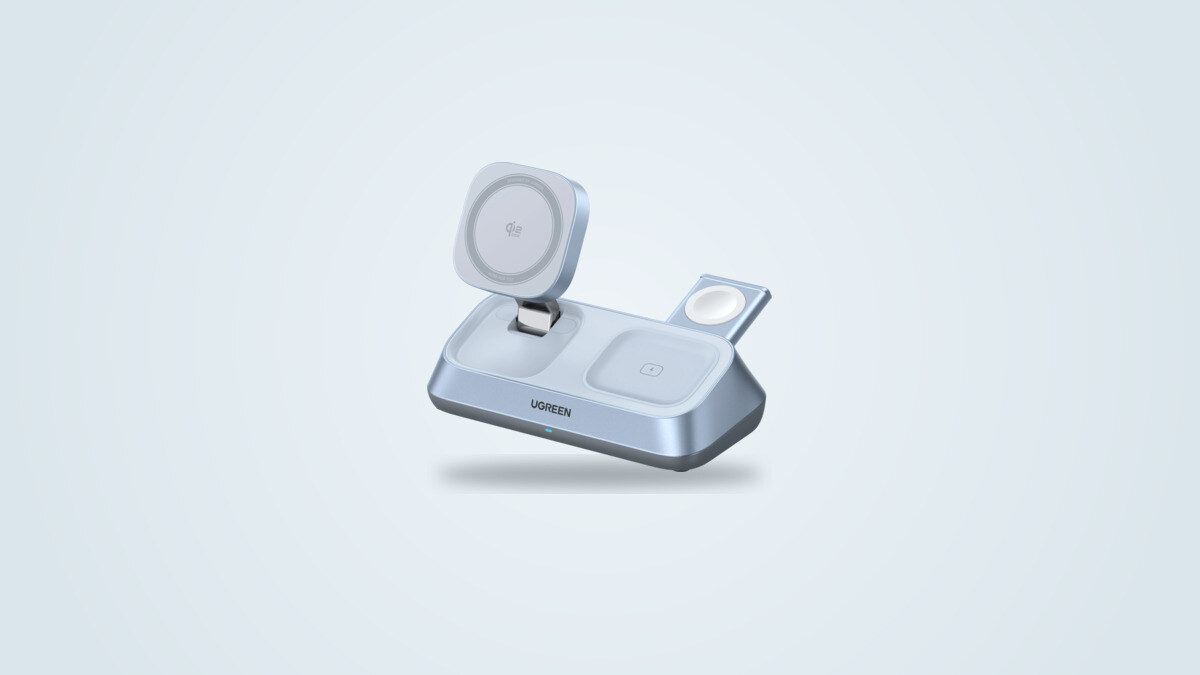 Ugreen MagFlow 3-in-1 wireless charging station seen from a three quarter angle, tilted iPhone stand, Apple Watch puck and AirPods charging spot visible