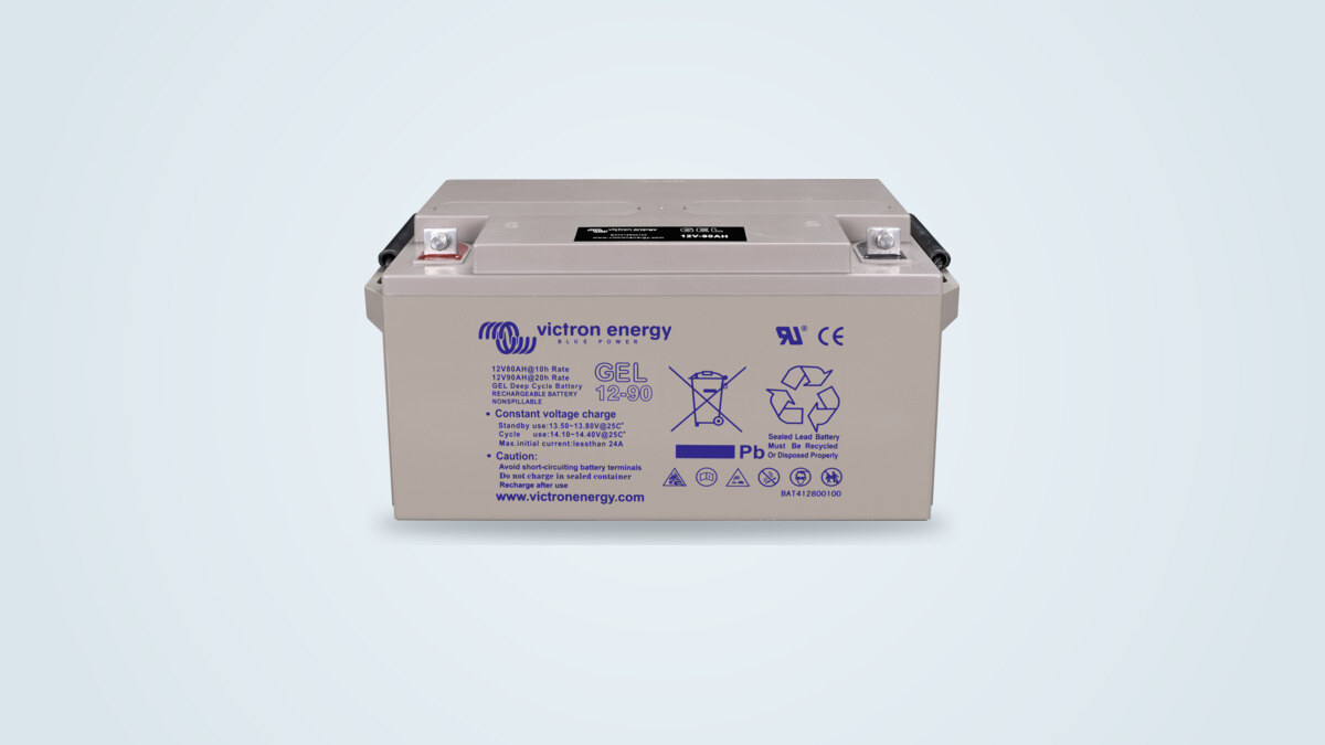 Victron Energy Gel 12V/90Ah battery seen from three-quarters, light grey case with copper terminals and GEL 12-90 label