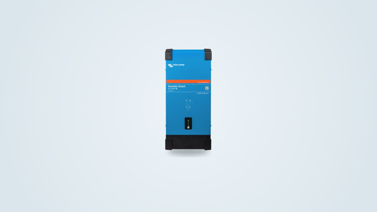 Victron Phoenix Inverter Smart 12/2000 seen from the front, blue and black casing with the Victron Energy logo and the 12|2000 marking on the label