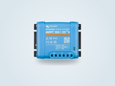 Victron SmartSolar 100/20 MPPT solar charge controller on a plain background