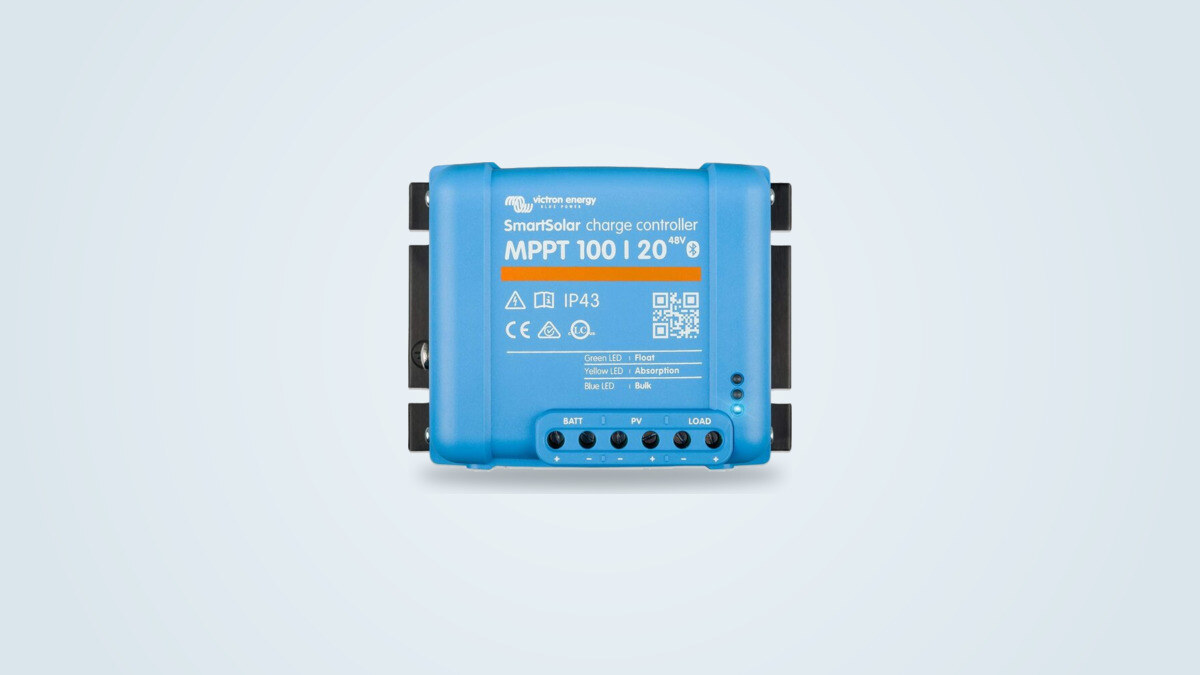 Victron SmartSolar 100/20 MPPT solar charge controller on a plain background