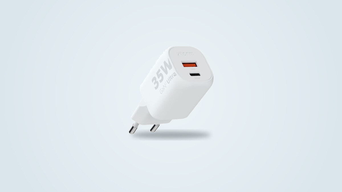 Xtorm GaN2 Ultra 35W wall charger seen from a three-quarter angle, white body with a USB-C port and a USB-A port visible, fixed European two-pin plug