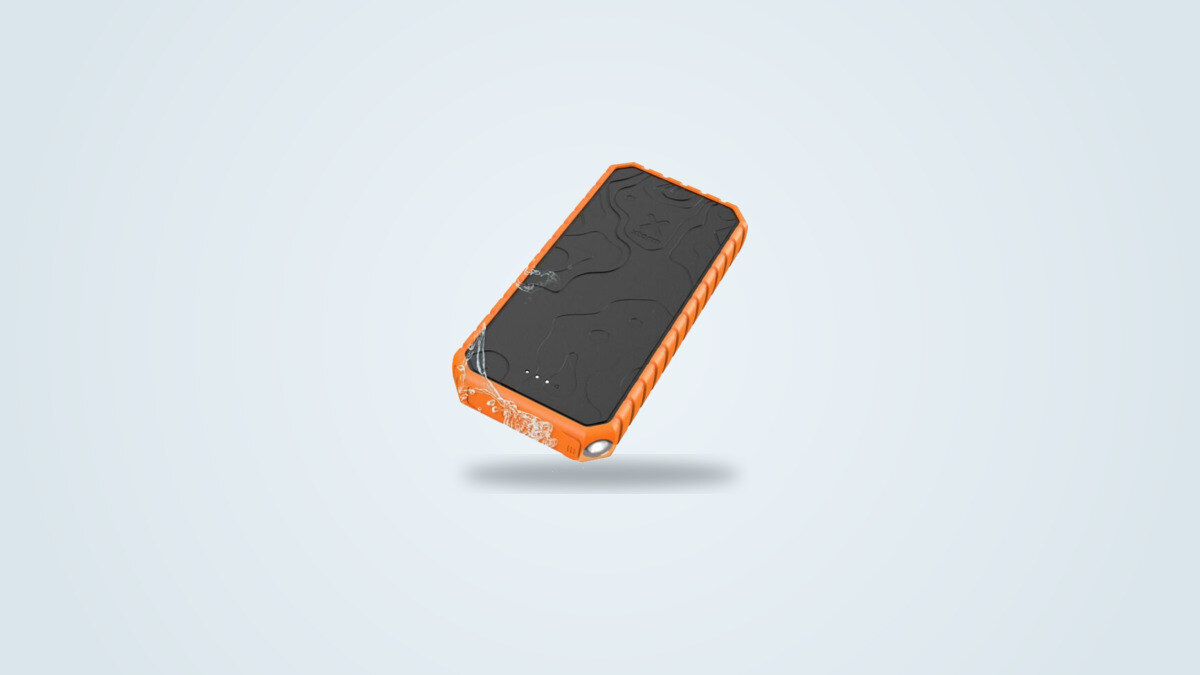 Xtorm XR202 orange and black power bank shown at an angle, rugged casing splashed with water, charging ports visible on the edge