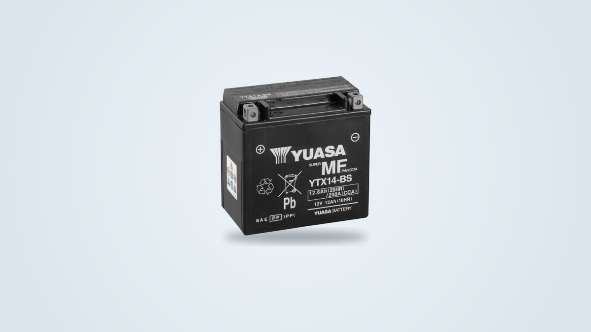 Yuasa YTX14-BS AGM motorcycle battery viewed at a three-quarter angle on a light background, 12V 12.6Ah 200A label visible