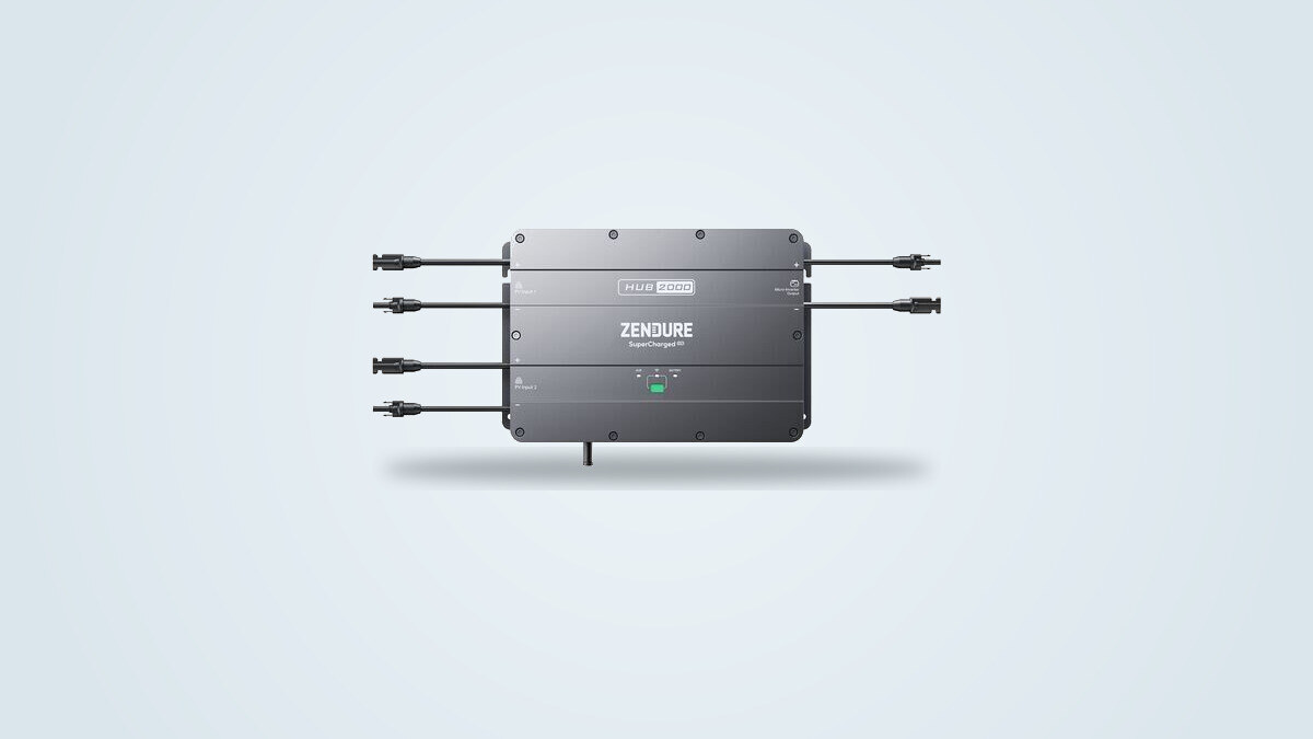 Zendure Hub 2000 balcony solar hub with PV cables and microinverter output, shown front-on against a plain background