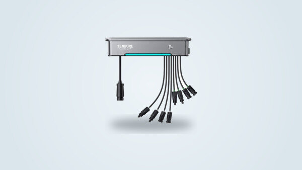 Zendure Hyper 2000 hybrid microinverter on a plain background, three-quarter view, four solar inputs visible