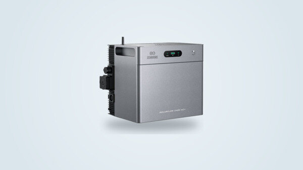 Zendure SolarFlow 2400 AC+ home battery seen from three quarters, charge display, side handle and mains connector visible