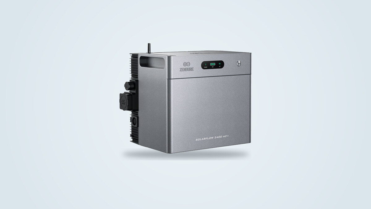 Zendure SolarFlow 2400 AC+ home battery seen from three quarters, charge display, side handle and mains connector visible