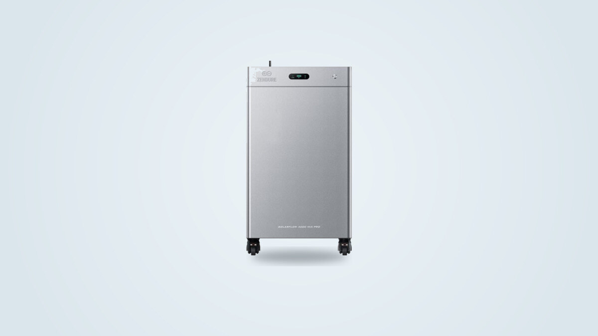 Zendure SolarFlow 4000 Mix Pro home battery on casters, brushed grey metal casing
