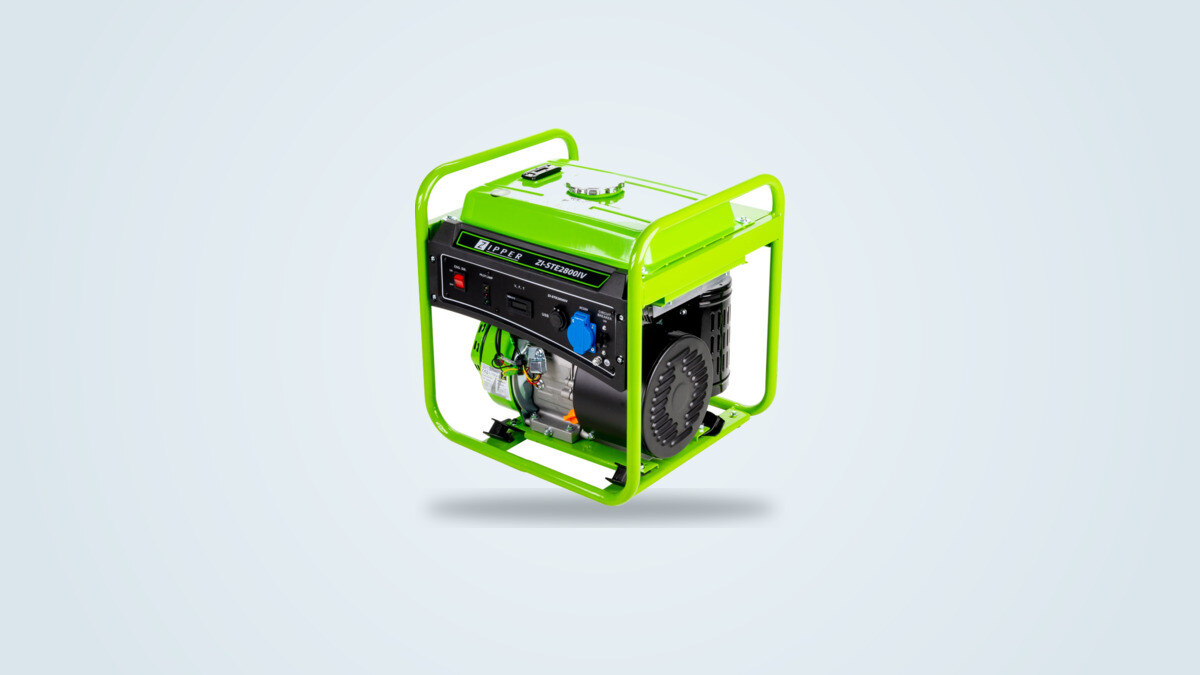 Zipper ZI-STE2800IV inverter generator in green and black on a tubular frame, three-quarter view, engine and 230V socket visible