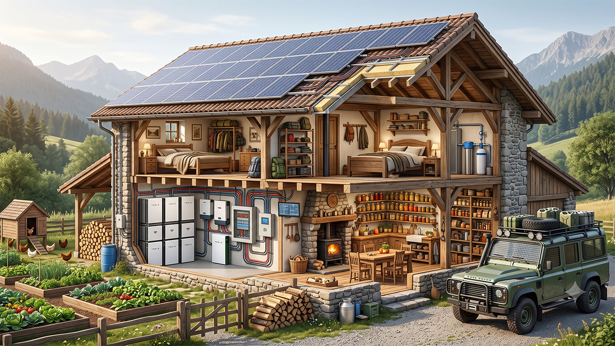 Mobile Powerstation und Solarmodul im Freien, Symbol für Energieautarkie an einem Selbstversorger-Standort