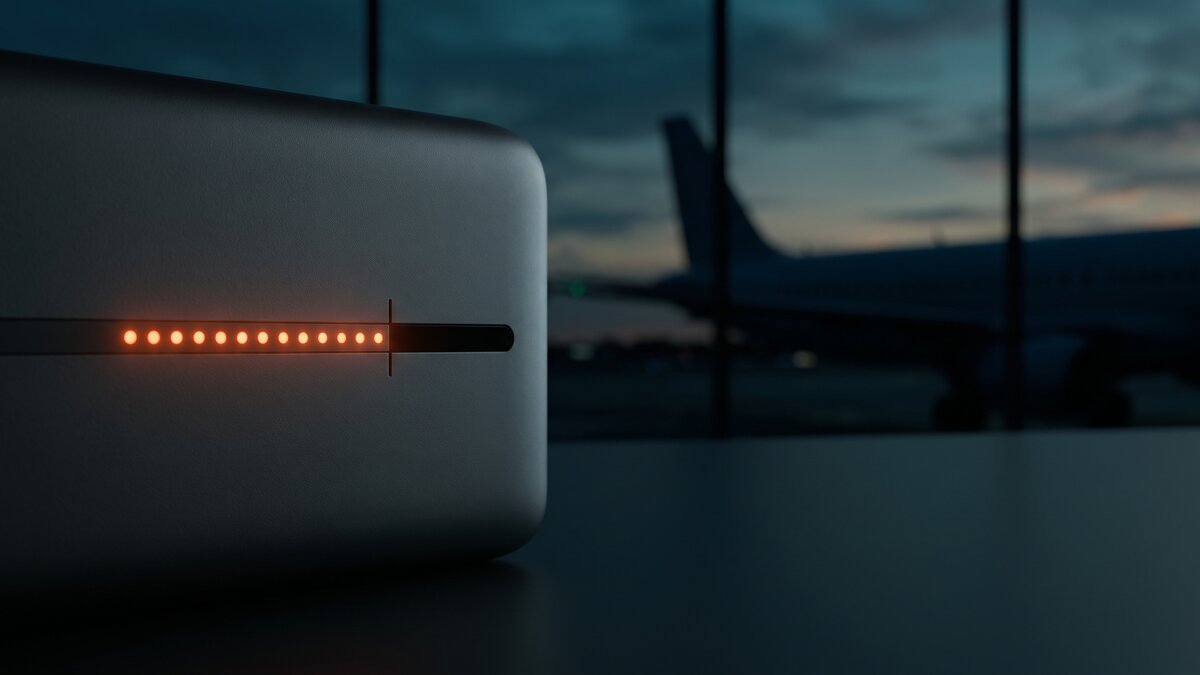 Indicador de batería cortado en seco en la marca de 100 Wh ante la silueta de un avión, símbolo del nuevo límite de la IATA para 2027