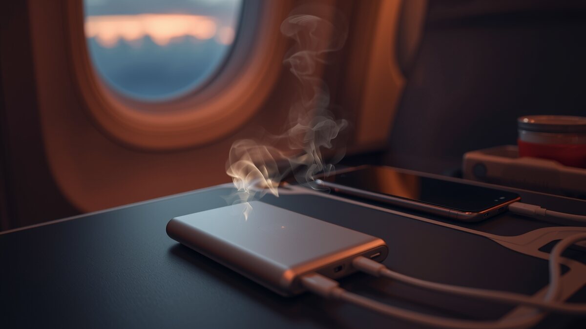 Power bank appoggiato sul tavolino di un aereo con un lieve bagliore arancione che suggerisce un rischio di surriscaldamento