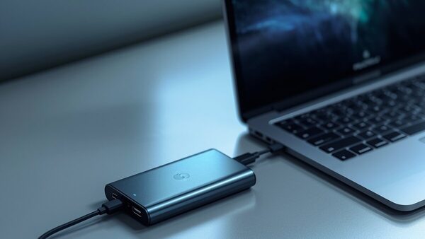 USB-C power bank charging an open laptop on a desk