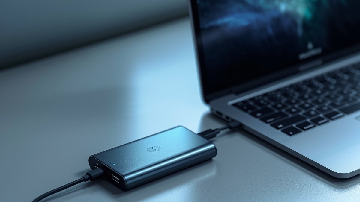 USB-C power bank charging an open laptop on a desk