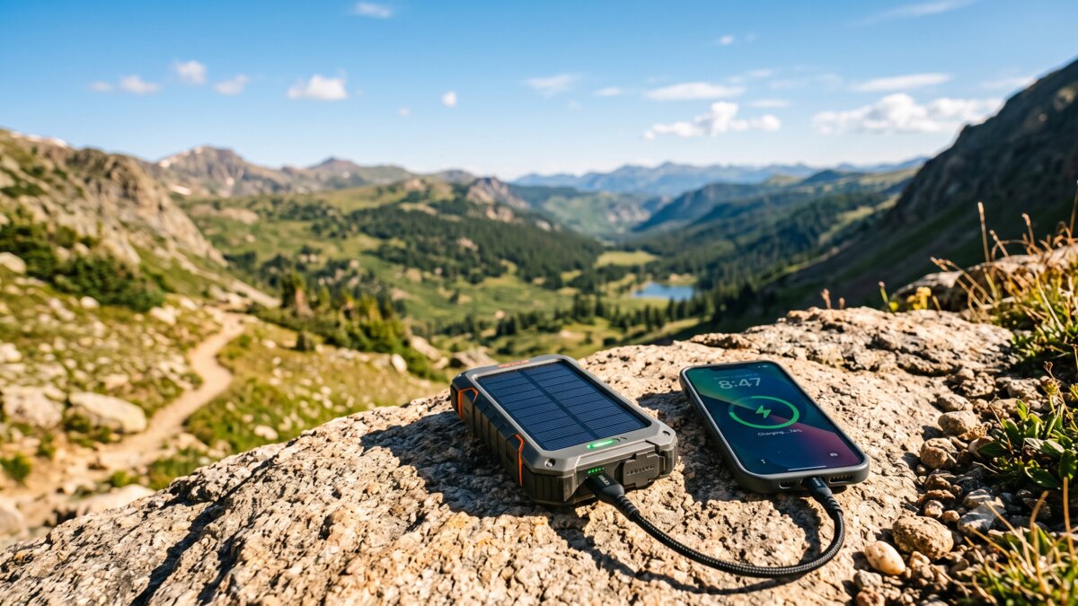 Solar power bank sitting in the sun on a rock while hiking, integrated photovoltaic panel facing the sky