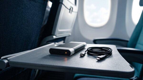 Power bank resting on an aircraft tray table with the cable unplugged, window in the background