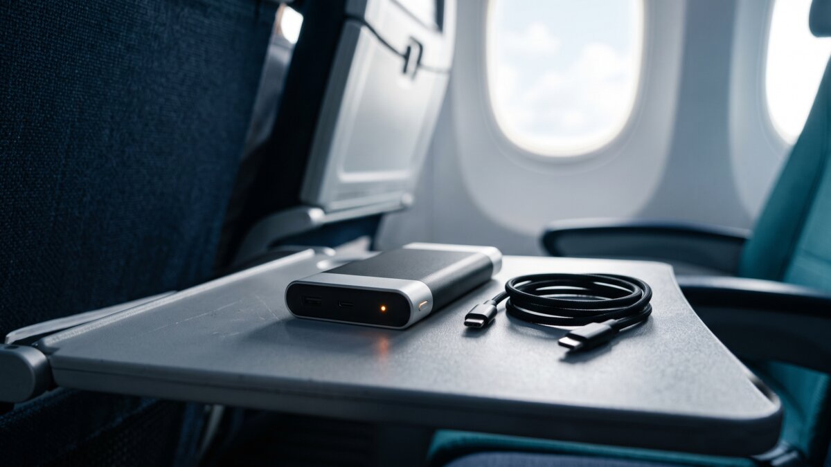 Power bank resting on an aircraft tray table with the cable unplugged, window in the background