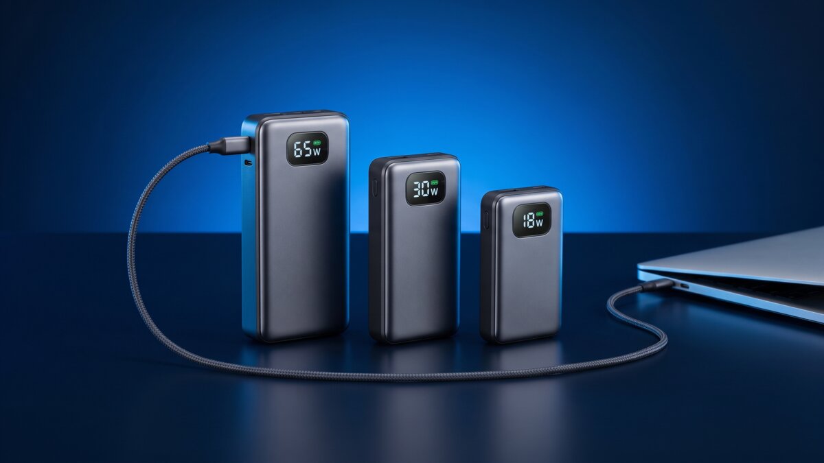Fast-charging USB-C power banks rated 100 W and above on a desk