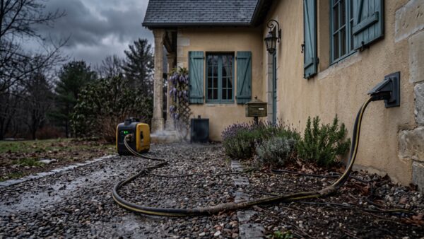 Portable generator wired to a manual transfer switch outside a house