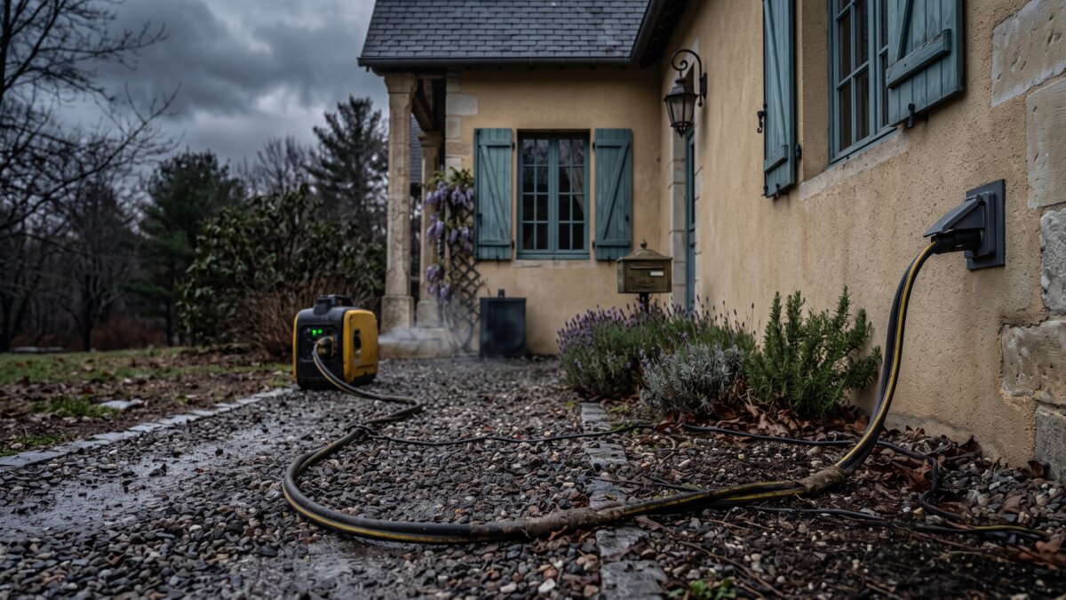Portable generator wired to a manual transfer switch outside a house