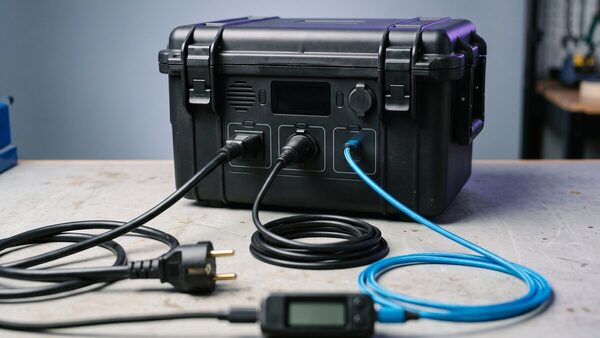Estación de energía portátil descargándose, con cables conectados a sus distintas salidas