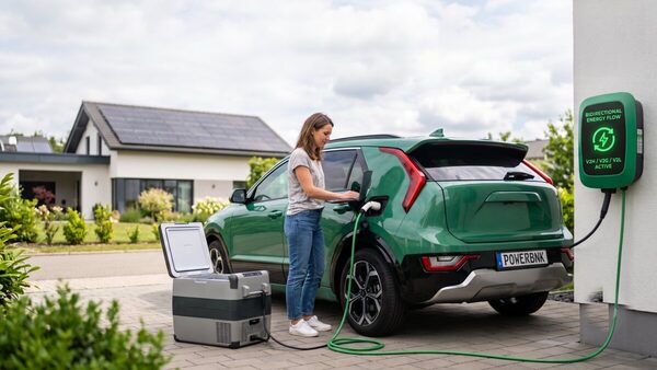 Voiture électrique branchée à une maison, échangeant de l'énergie dans les deux sens au coucher du soleil