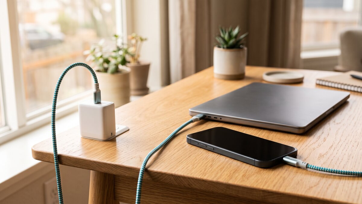Compact USB-C charger and cable plugged into a wall outlet, symbol of PD and PPS fast charging